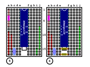 Bareduino steps 5 and 6 — breadboard diagram, by K.W. Melvin
