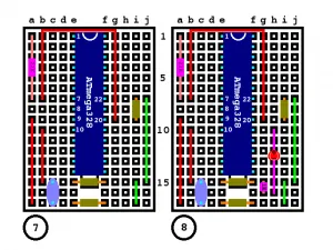 Bareduino steps 7 and 8 — breadboard diagram, by K.W. Melvin