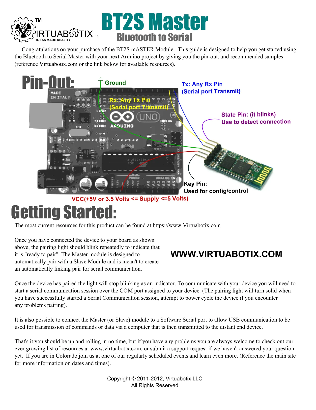 BT2S Master Bluetooth-to-serial module pinout: Ground, VCC, Rx, Tx, State, and Key pins