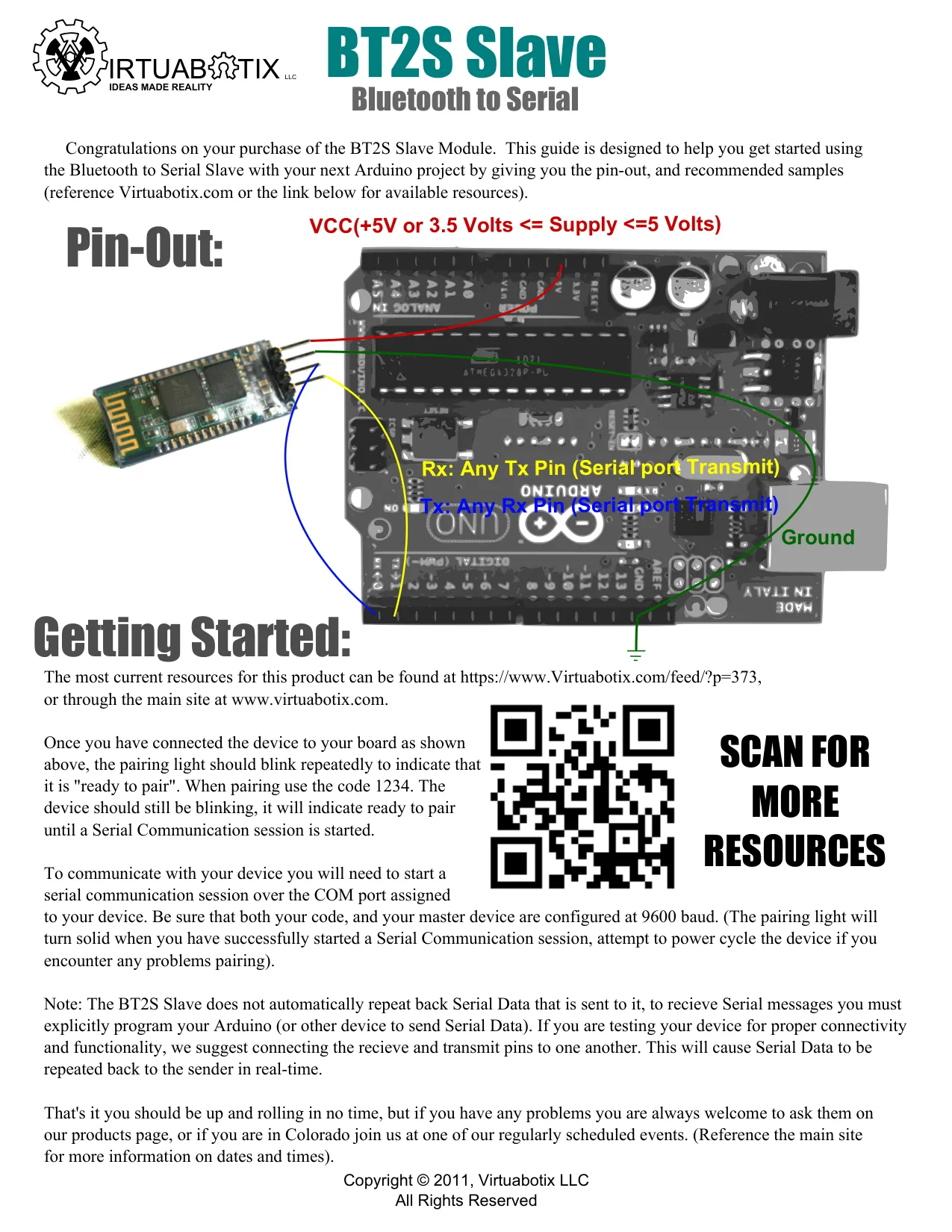 BT2S Slave Bluetooth-to-serial module pinout guide
